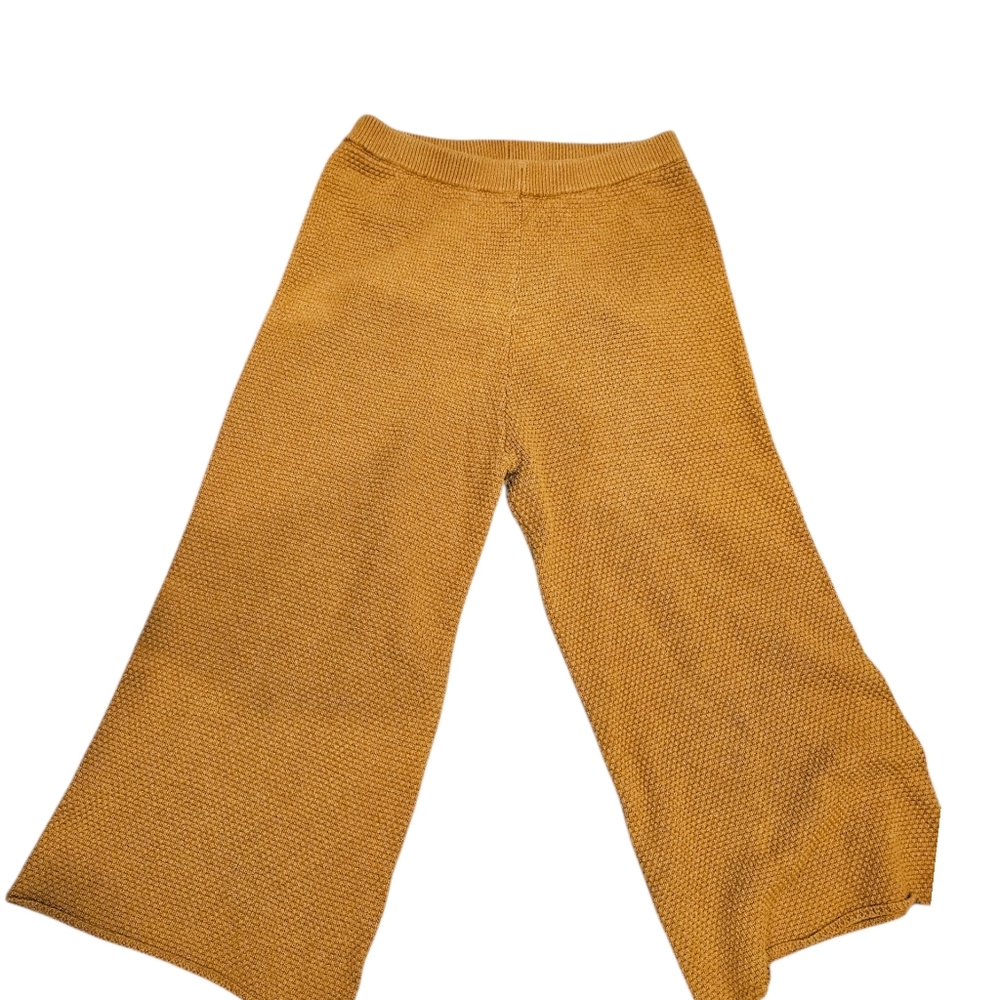 Free People BEACH Knit Cropped Sweater Pants Sz Lg Mustard Yellow - Picture 3 of 3
